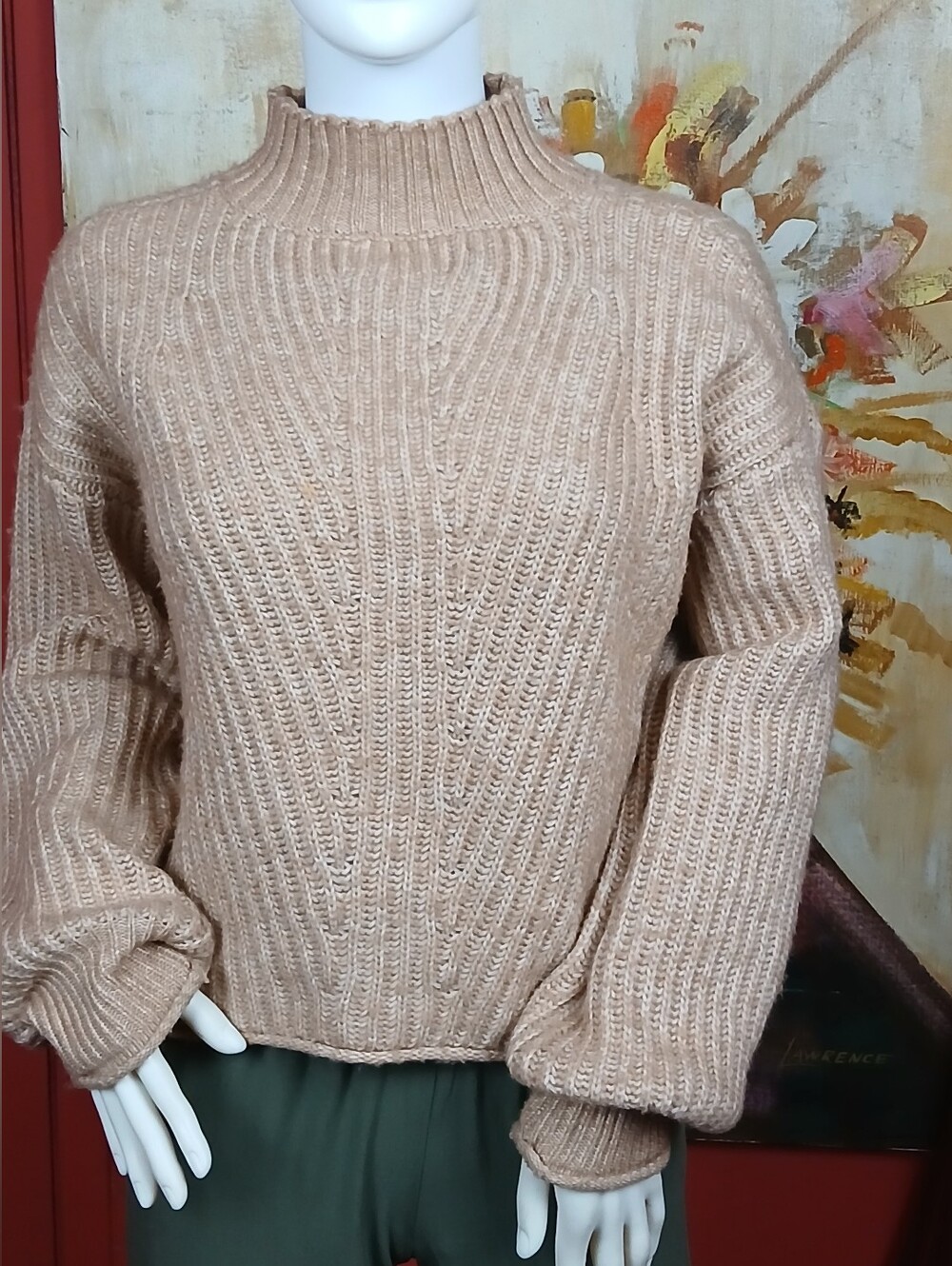 SO Goods For Life Tan Ribbed Mock Neck Knit Sweater Size Medium